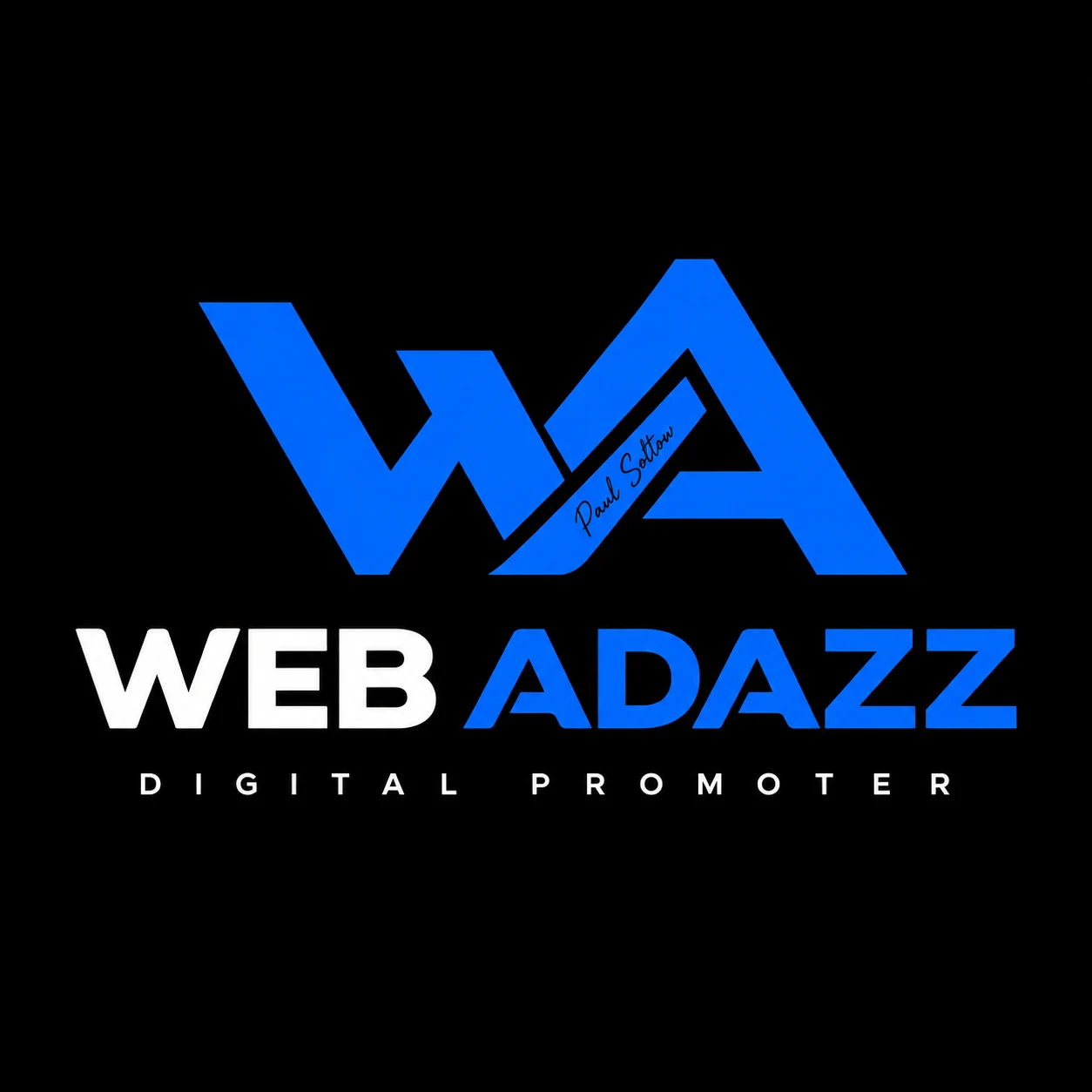 Web Adazz electric-blue WA logo with Paul Soltow signature on black
